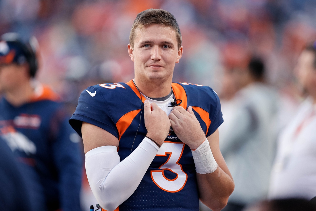 Oct 17, 2021; Denver, Colorado, USA; Denver Broncos quarterback Drew Lock (3) on the sideline in the fourth quarter against the Las Vegas Raiders at Empower Field at Mile High. Mandatory Credit: Isaiah J. Downing-USA TODAY Sports