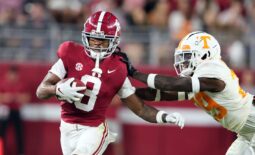 Oct 23, 2021; Tuscaloosa, Alabama, USA; Alabama Crimson Tide wide receiver John Metchie III (8) is pushed out of bounds by Tennessee Volunteers defensive back Brandon Turnage (29) during the first half at Bryant-Denny Stadium. Mandatory Credit: Butch Dill-USA TODAY Sports