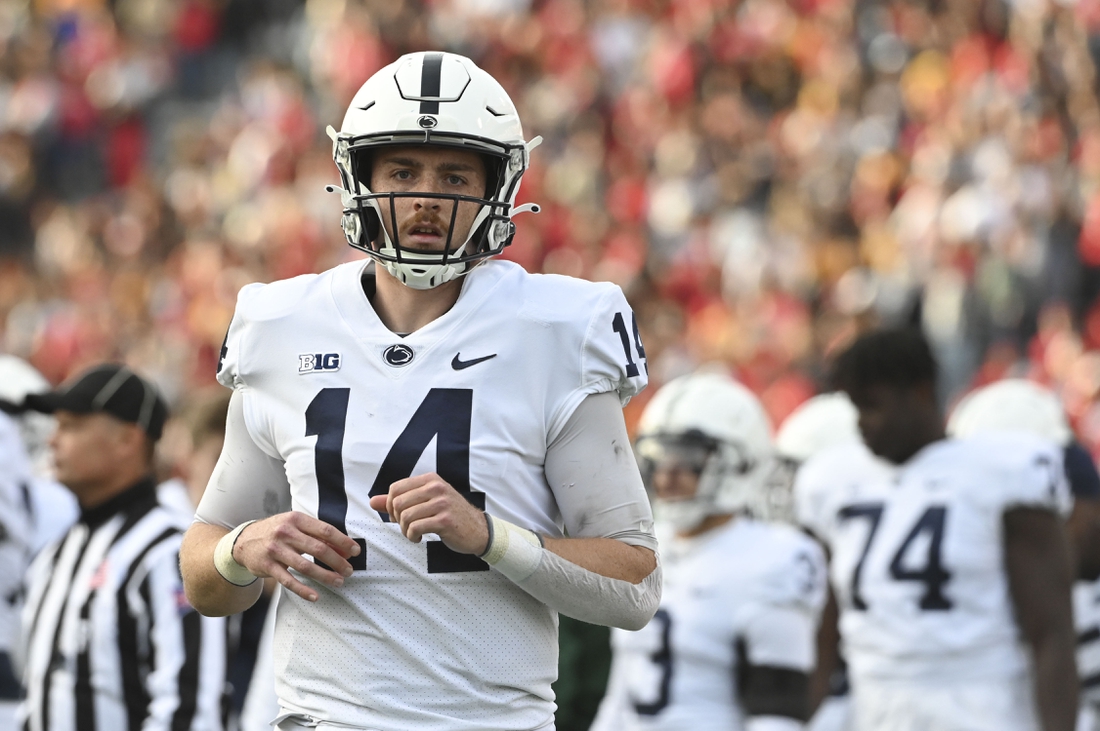 Nov 6, 2021; College Park, Maryland, USA;  Penn State Nittany Lions quarterback Sean Clifford (14) stands on the field during the first half against the Maryland Terrapins at Capital One Field at Maryland Stadium. Mandatory Credit: Tommy Gilligan-USA TODAY Sports