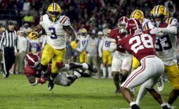 Nov 6, 2021; Tuscaloosa, Alabama, USA; LSU Tigers running back Tyrion Davis-Price (3) is tackled for a loss by Alabama Crimson Tide linebacker Christian Harris (8) during the second half at Bryant-Denny Stadium. Mandatory Credit: Butch Dill-USA TODAY Sports