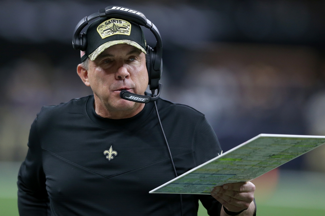 Nov 7, 2021; New Orleans, Louisiana, USA; New Orleans Saints head coach Sean Payton on the sidelines during the second half against the Atlanta Falcons at the Caesars Superdome. Mandatory Credit: Chuck Cook-USA TODAY Sports