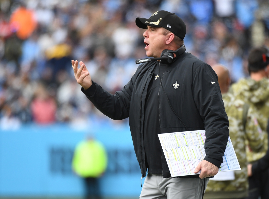 Nov 14, 2021; Nashville, Tennessee, USA; New Orleans Saints head coach Sean Payton calls officials to the sideline after a penalty call during the first half against the Tennessee Titans at Nissan Stadium. Mandatory Credit: Christopher Hanewinckel-USA TODAY Sports