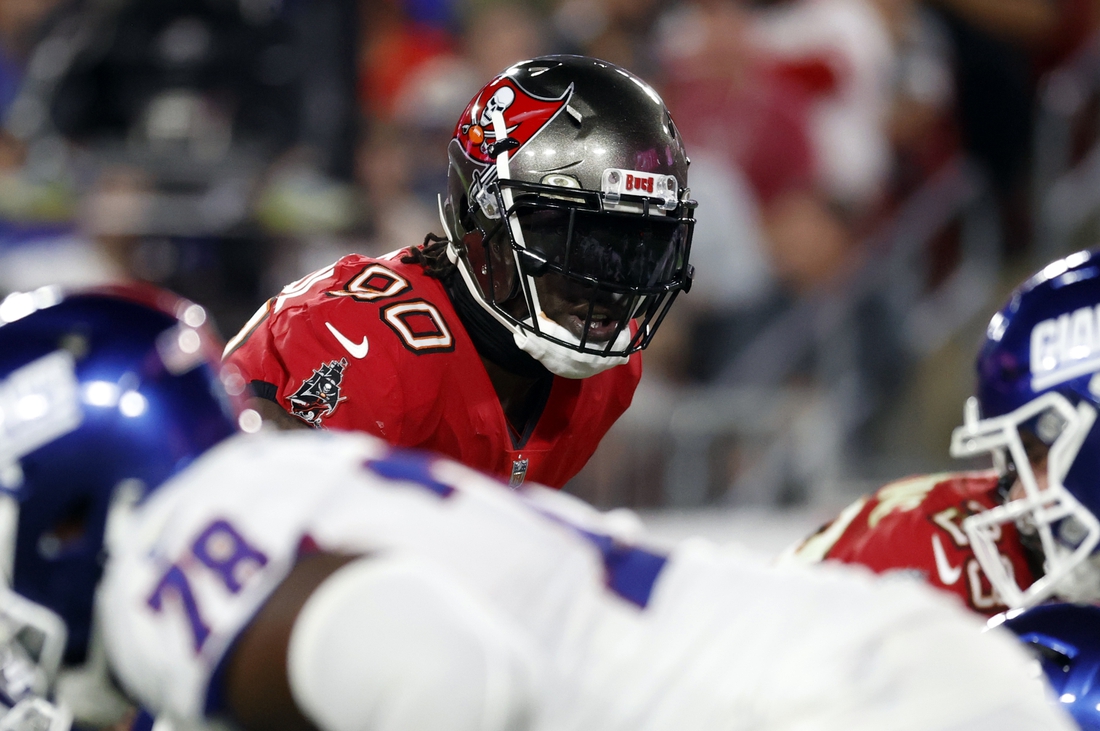Nov 22, 2021; Tampa, Florida, USA;  Tampa Bay Buccaneers outside linebacker Jason Pierre-Paul (90) looks on against the New York Giants during the second quarter at Raymond James Stadium. Mandatory Credit: Kim Klement-USA TODAY Sports