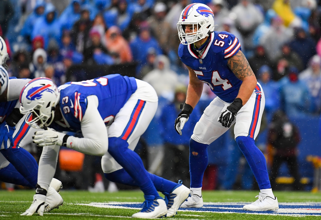Nov 21, 2021; Orchard Park, New York, USA; Buffalo Bills outside linebacker A.J. Klein (54) against the Indianapolis Colts during the second half at Highmark Stadium. Mandatory Credit: Rich Barnes-USA TODAY Sports