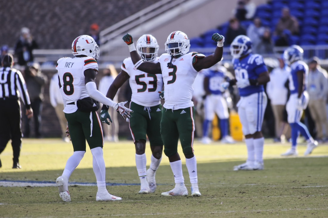 Nov 27, 2021; Durham, North Carolina, USA; Miami Hurricanes wide receiver Mike Harley (3) celebrates during the second half of the game against the Miami Hurricanes at Wallace Wade Stadium. at Wallace Wade Stadium. Mandatory Credit: Jaylynn Nash-USA TODAY Sports