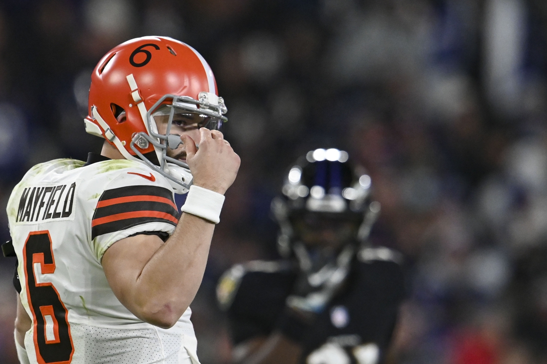 Nov 28, 2021; Baltimore, Maryland, USA;   Cleveland Browns quarterback Baker Mayfield (6) looks towards the bench during the game against the Baltimore Ravens at M&T Bank Stadium. Mandatory Credit: Tommy Gilligan-USA TODAY Sports