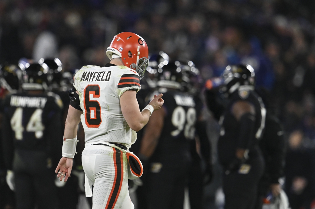 Nov 28, 2021; Baltimore, Maryland, USA;   Cleveland Browns quarterback Baker Mayfield (6) walks on to the field during the game against the Baltimore Ravens at M&T Bank Stadium. Mandatory Credit: Tommy Gilligan-USA TODAY Sports