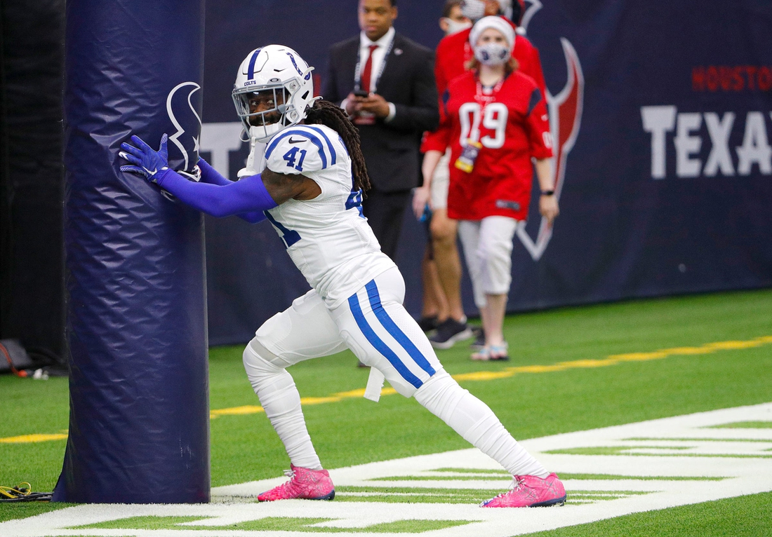 Indianapolis Colts safety Jahleel Addae (41) warms up to face the Texans on Sunday, Dec. 5, 2021, at NRG Stadium in Houston.

Indianapolis Colts Versus Houston Texans On Sunday Dec 5 2021 At Nrg Stadium In Houston Texas