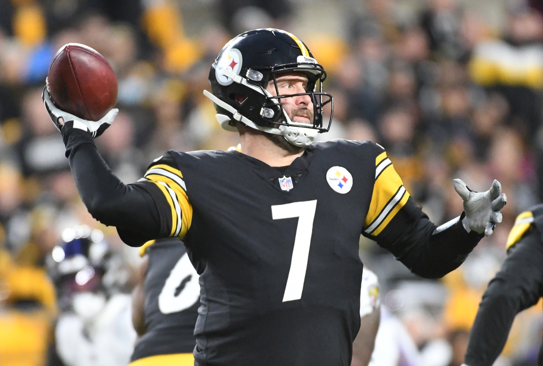 Dec 5, 2021; Pittsburgh, Pennsylvania, USA; Pittsburgh Steelers quarterback Ben Roethlisberger (7) throws a first quarter pass against the Baltimore Ravens at Heinz Field. Mandatory Credit: Philip G. Pavely-USA TODAY Sports