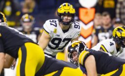 Dec 4, 2021; Indianapolis, IN, USA; Michigan Wolverines defensive end Aidan Hutchinson (97) against the Iowa Hawkeyes in the Big Ten Conference championship game at Lucas Oil Stadium. Mandatory Credit: Mark J. Rebilas-USA TODAY Sports