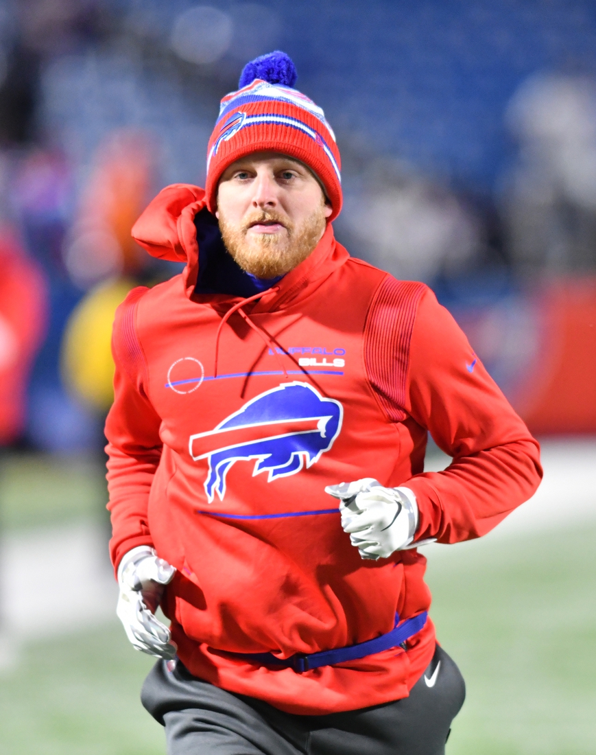 Dec 6, 2021; Orchard Park, New York, USA; Buffalo Bills wide receiver Cole Beasley warms up before a game against the New England Patriots at Highmark Stadium. Mandatory Credit: Mark Konezny-USA TODAY Sports