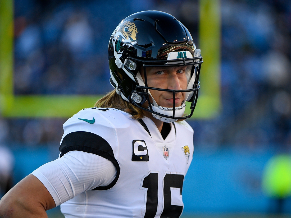 Dec 12, 2021; Nashville, Tennessee, USA;  Jacksonville Jaguars quarterback Trevor Lawrence (16) after throwing his 4th interception of the game against the Tennessee Titans at Nissan Stadium. Mandatory Credit: Steve Roberts-USA TODAY Sports