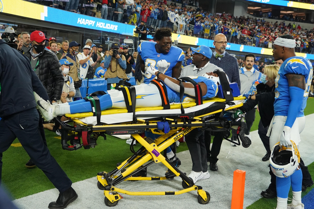 Dec 16, 2021; Inglewood, California, USA; Los Angeles Chargers tight end Donald Parham (89) is taken off the field with an injury sustained in the first half against the Kansas City Chiefs at SoFi Stadium. Mandatory Credit: Kirby Lee-USA TODAY Sports
