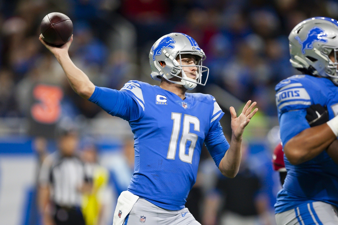 Dec 19, 2021; Detroit, Michigan, USA; Detroit Lions quarterback Jared Goff (16) passes the ball during the first quarter against the Arizona Cardinals at Ford Field. Mandatory Credit: Raj Mehta-USA TODAY Sports