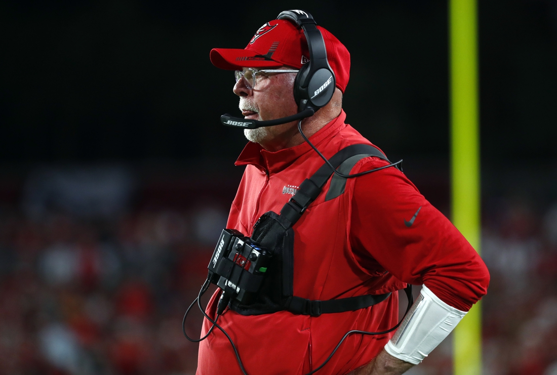 Dec 19, 2021; Tampa, Florida, USA; Tampa Bay Buccaneers head coach Bruce Arians looks on against the New Orleans Saints during the first half at Raymond James Stadium. Mandatory Credit: Kim Klement-USA TODAY Sports