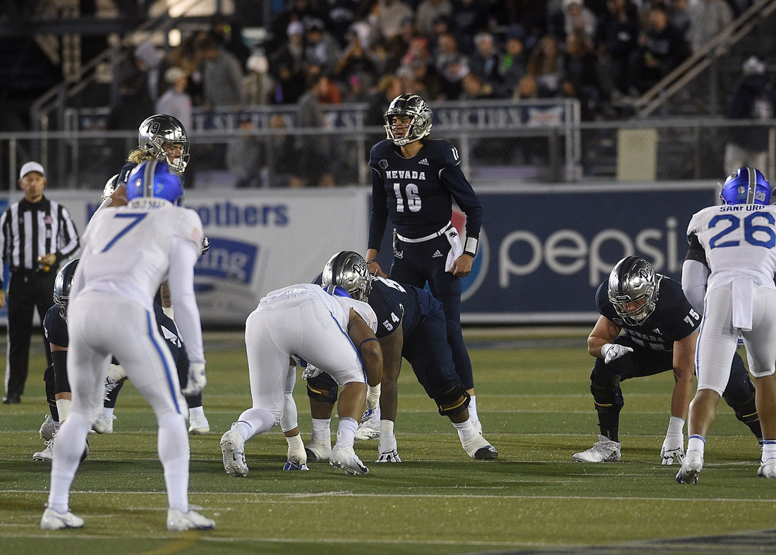 Nevada quarterback Nate Cox (16) sees some action against Air Force at Mackay Stadium in Reno on Nov. 19, 2021.

Ren Nate Cox 01