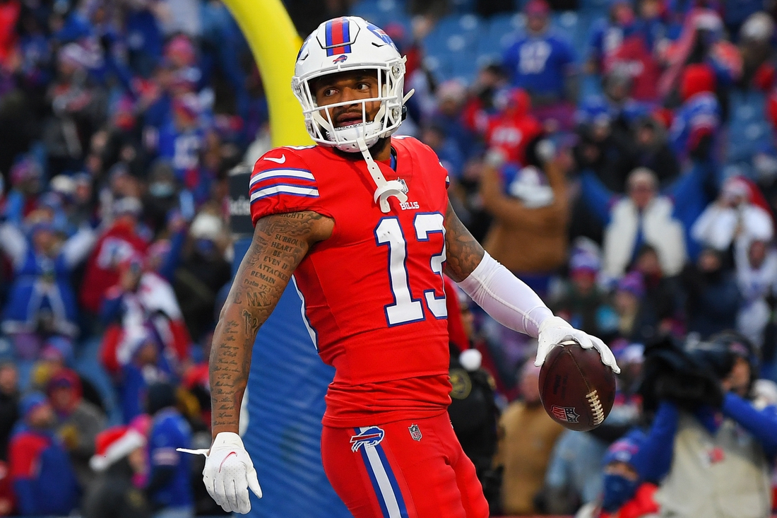 Dec 19, 2021; Orchard Park, New York, USA; Buffalo Bills wide receiver Gabriel Davis (13) reacts to his touchdown against the Carolina Panthers during the second half at Highmark Stadium. Mandatory Credit: Rich Barnes-USA TODAY Sports