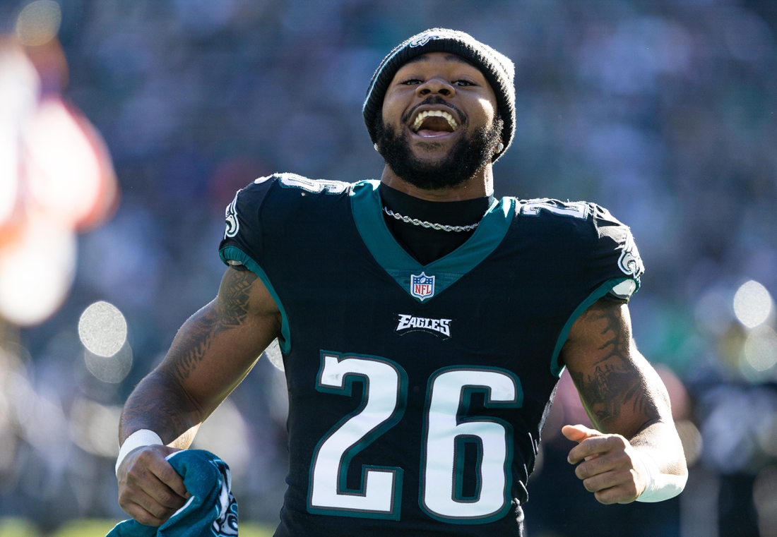 Dec 26, 2021; Philadelphia, Pennsylvania, USA; Philadelphia Eagles running back Miles Sanders (26) reacts as he takes the field before a game against the New York Giants at Lincoln Financial Field. Mandatory Credit: Bill Streicher-USA TODAY Sports