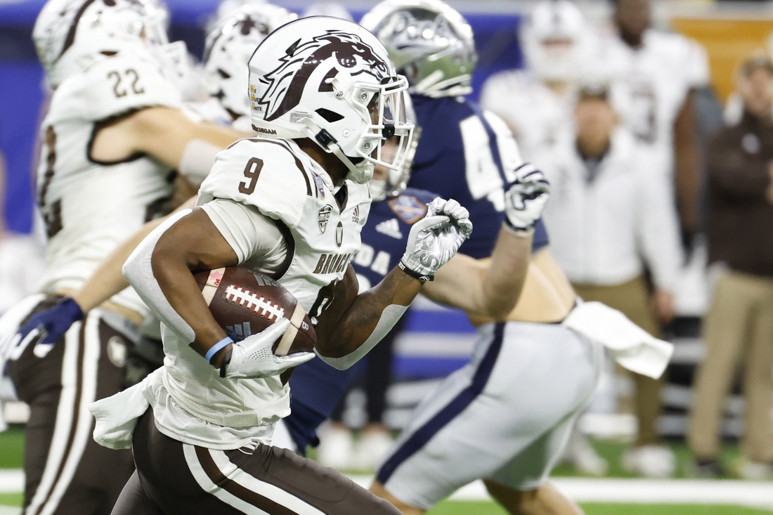 Dec 27, 2021; Detroit, MI, USA; Western Michigan Broncos running back Sean Tyler (9) returns a kickoff for a touchdown in the first half against the Nevada Wolf Pack during the 2021 Quick Lane Bowl at Ford Field. Mandatory Credit: Rick Osentoski-USA TODAY Sports