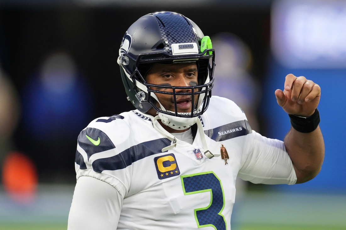 Dec 21, 2021; Inglewood, California, USA; Seattle Seahawks quarterback Russell Wilson (3) reacts during the game against the Los Angeles Rams at SoFi Stadium. The Rams defeated the Seahawks 20-10. Mandatory Credit: Kirby Lee-USA TODAY Sports