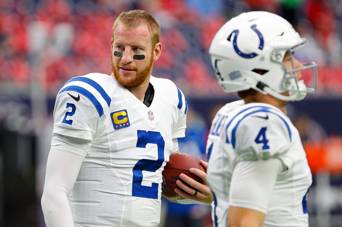 Indianapolis Colts quarterback Carson Wentz (2) warms up on the field before facing the Texans on Sunday, Dec. 5, 2021, at NRG Stadium in Houston.

Indianapolis Colts Versus Houston Texans On Sunday Dec 5 2021 At Nrg Stadium In Houston Texas