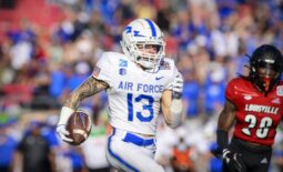Dec 28, 2021; Dallas, Texas, USA; Air Force Falcons wide receiver Brandon Lewis (13) runs for his first of two touchdowns against the Louisville Cardinals during the first half during the 2021 First Responder Bowl at Gerald J. Ford Stadium. Mandatory Credit: Jerome Miron-USA TODAY Sports