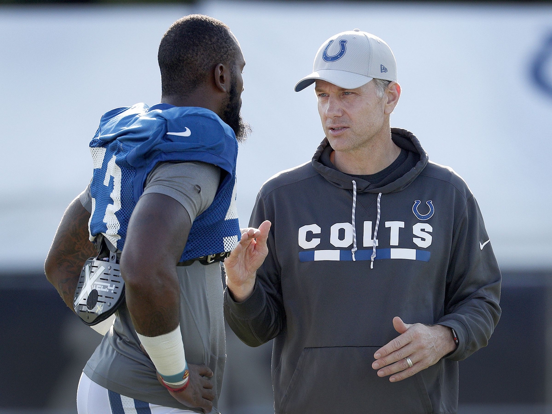 Indianapolis Colts defensive coordinator Matt Eberflus talks with linebacker Darius Leonard (53) during the Colts training camp at Grand Park in Westfield on Monday, August 6, 2018.

Indianapolis Colts Training Camp At Grand Park In Westfield