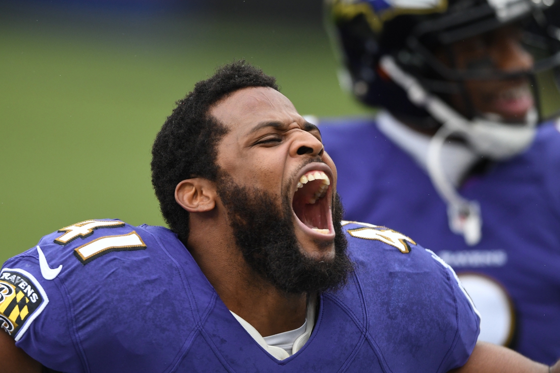 Nov 1, 2020; Baltimore, Maryland, USA;  Baltimore Ravens defensive back Anthony Levine Sr. (41) reacts during a game against the Pittsburgh Steelers at M&T Bank Stadium. Mandatory Credit: Mitchell Layton-USA TODAY Sports
