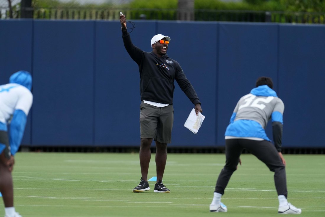Jun 7, 2021; Costa Mesa, CA, USA; Los Angeles Chargers special teams coordinator Derius Swinton III during organized team activities at the Hoag Performance Center.  Mandatory Credit: Kirby Lee-USA TODAY Sports