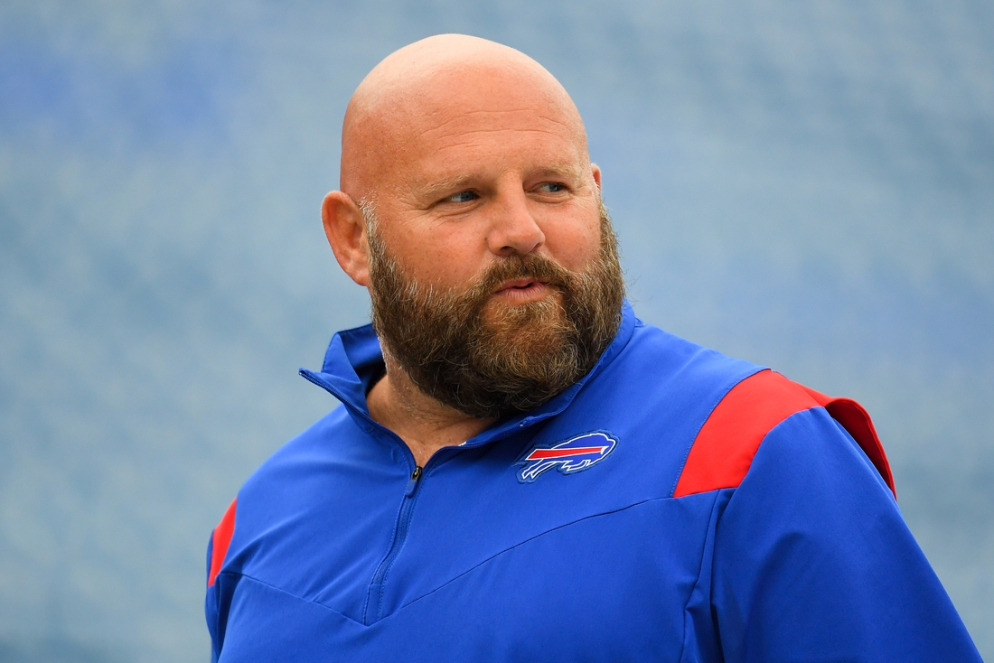 Sep 12, 2021; Orchard Park, New York, USA; Buffalo Bills offensive coordinator Brian Daboll looks on prior to the game against the Pittsburgh Steelers at Highmark Stadium. Mandatory Credit: Rich Barnes-USA TODAY Sports