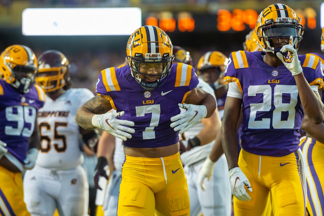Sep 18, 2021; Baton Rouge, LA, USA; LSU Tigers cornerback Derek Stingley Jr. (7) reacts after making a tackle against the Central Michigan Chippewas at Tiger Stadium. Mandatory Credit: Scott Clause/The Advertiser via USA TODAY NETWORK