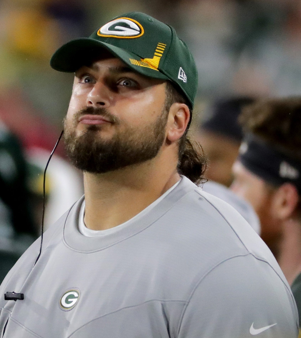 Injured Green Bay Packers offensive tackle David Bakhtiari is shown during the fourth quarter of their game Monday, September 20, 2021 at Lambeau Field in Green Bay, Wis. The Green Bay Packers beat the Detroit Lions 35-17.

Packers21 19