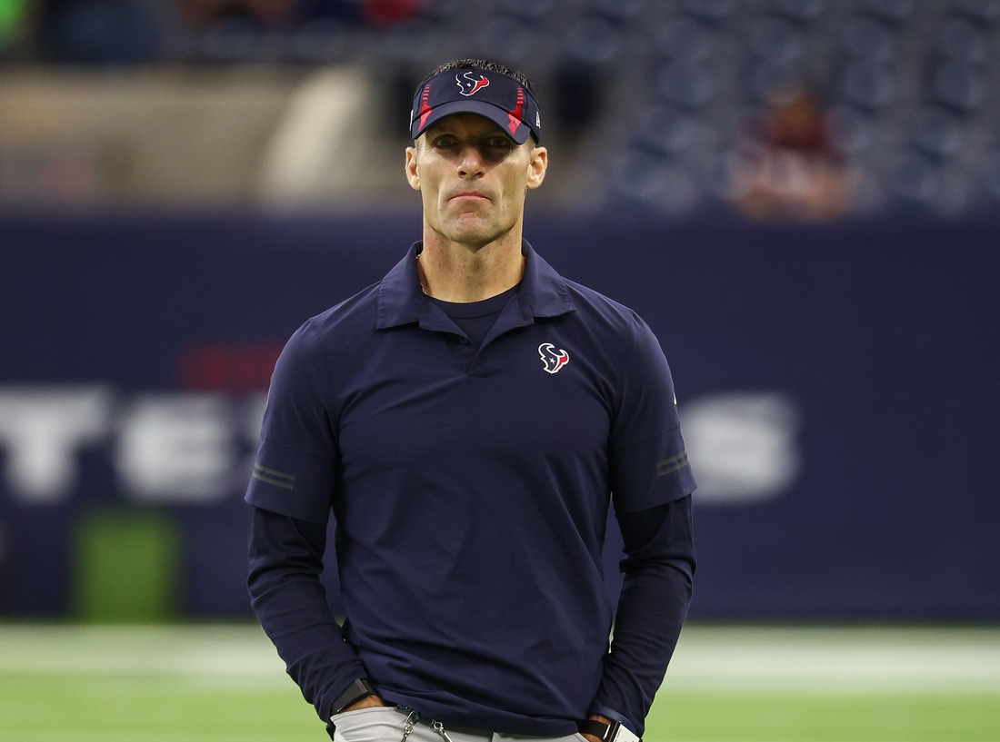 Sep 23, 2021; Houston, Texas, USA; Houston Texans general manager Nick Caserio walks on the field before the game against the Carolina Panthers at NRG Stadium. Mandatory Credit: Troy Taormina-USA TODAY Sports