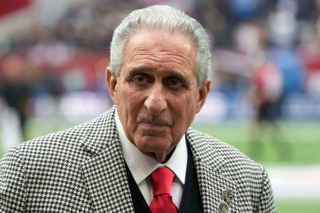 Oct 10, 2021; London, England, United Kingdom; Atlanta Falcons owner Arthur Blank reacts during an NFL International Series game against the New York Jets at Tottenham Hotspur Stadium. The Falcons defeated the Jets 27-20. Mandatory Credit: Kirby Lee-USA TODAY Sports