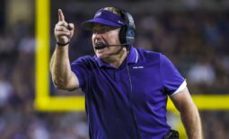 Oct 23, 2021; Fort Worth, Texas, USA;  TCU Horned Frogs head coach Gary Patterson reacts during the first half against the West Virginia Mountaineers at Amon G. Carter Stadium. Mandatory Credit: Kevin Jairaj-USA TODAY Sports