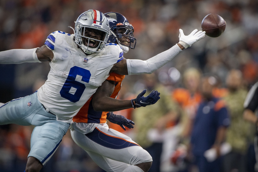 Nov 7, 2021; Arlington, Texas, USA; Dallas Cowboys safety Donovan Wilson (6) breaks up a pass intended for Denver Broncos wide receiver Jerry Jeudy (10) during the second half at AT&T Stadium. Mandatory Credit: Jerome Miron-USA TODAY Sports