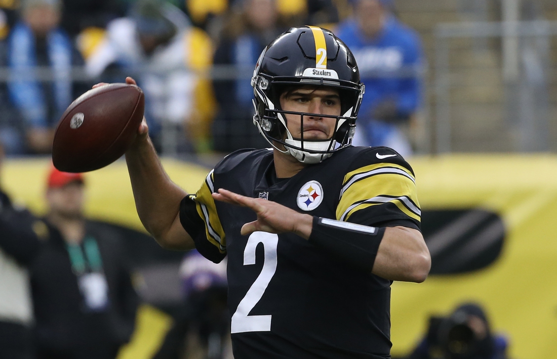 Nov 14, 2021; Pittsburgh, Pennsylvania, USA;  Pittsburgh Steelers quarterback Mason Rudolph (2) passes against the Detroit Lions during the first quarter at Heinz Field. Mandatory Credit: Charles LeClaire-USA TODAY Sports