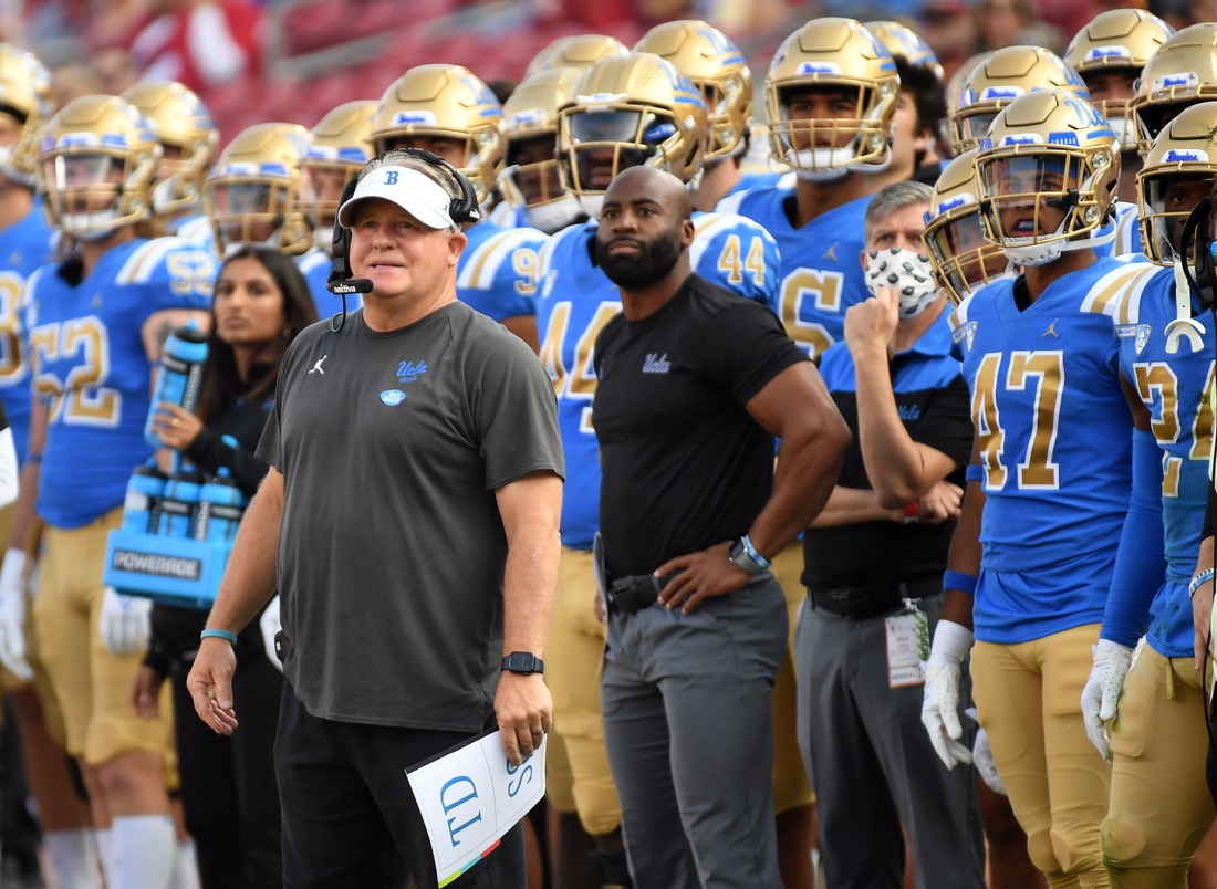 Nov 20, 2021; Los Angeles, California, USA; UCLA Bruins head coach Chip Kelly in the first half against the Southern California Trojans at the Los Angeles Memorial Coliseum. Mandatory Credit: Richard Mackson-USA TODAY Sports