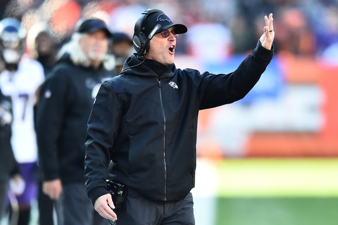 Dec 12, 2021; Cleveland, Ohio, USA; Baltimore Ravens head coach John Harbaugh argues a call during the second quarter against the Cleveland Browns at FirstEnergy Stadium. Mandatory Credit: Ken Blaze-USA TODAY Sports
