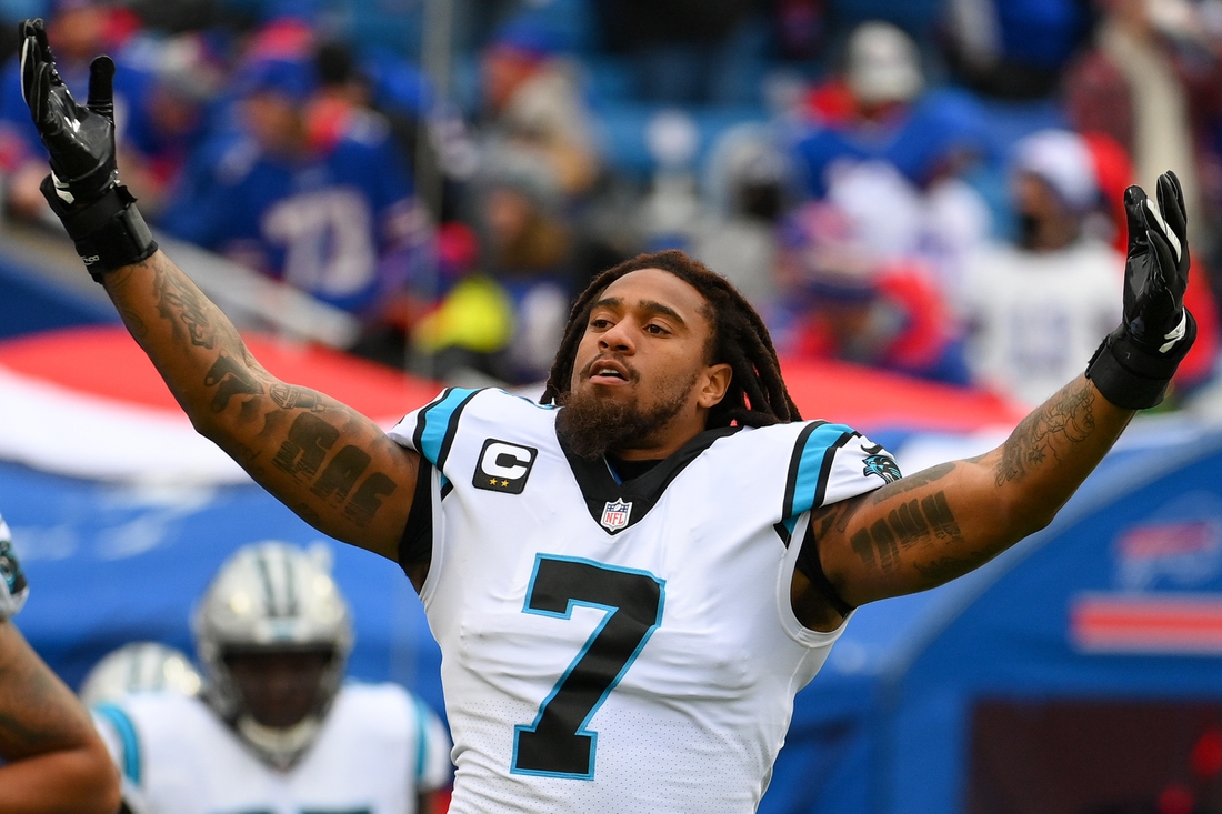 Dec 19, 2021; Orchard Park, New York, USA; Carolina Panthers outside linebacker Shaq Thompson (7) gestures to the crowd prior to the game against the Buffalo Bills at Highmark Stadium. Mandatory Credit: Rich Barnes-USA TODAY Sports