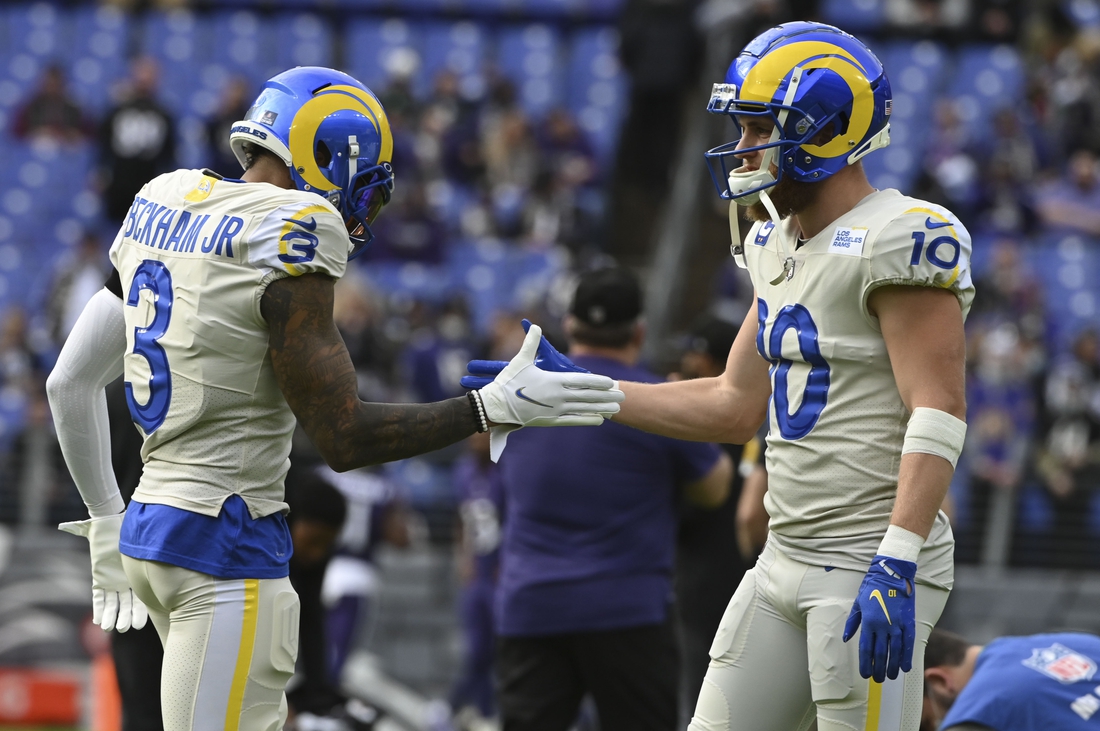 Jan 2, 2022; Baltimore, Maryland, USA;  Los Angeles Rams wide receiver Odell Beckham Jr. (3) and wide receiver Cooper Kupp (10) before the game against the Baltimore Ravens at M&T Bank Stadium. Mandatory Credit: Tommy Gilligan-USA TODAY Sports
