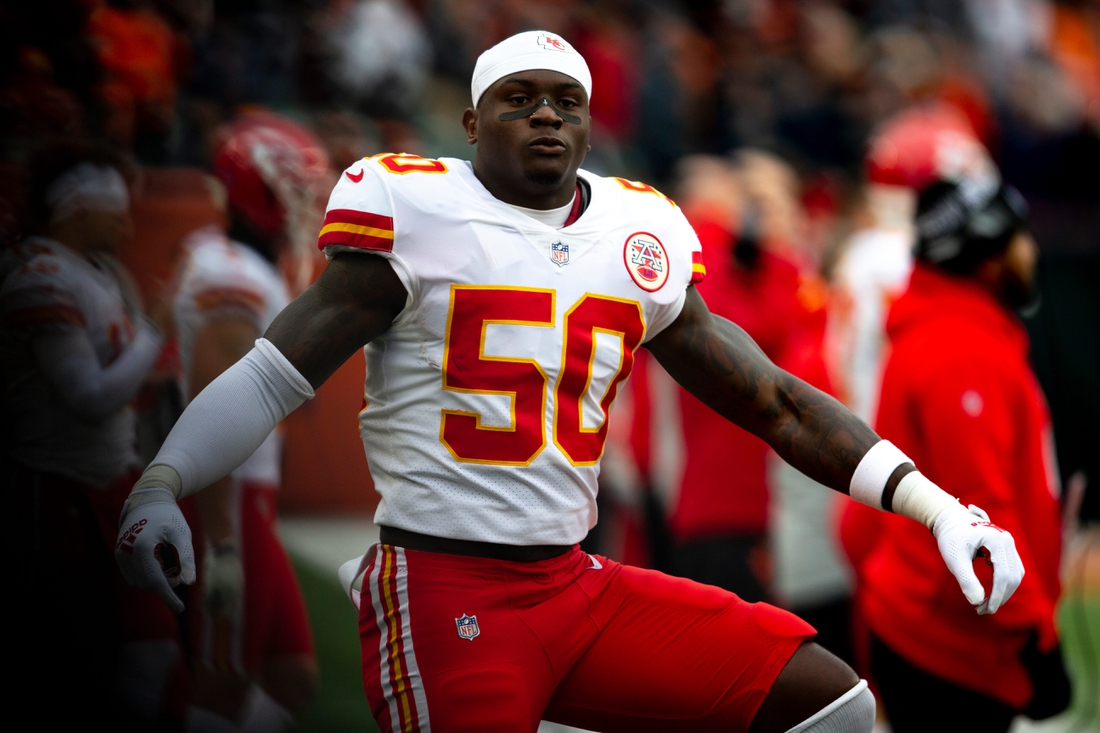 Kansas City Chiefs middle linebacker Willie Gay Jr. (50) stretches on the sideline before the NFL game between the Cincinnati Bengals and the Kansas City Chiefs on Sunday, Jan. 2, 2022, at Paul Brown Stadium in Cincinnati.

Cincinnati Bengals And The Kansas City Chiefs 459