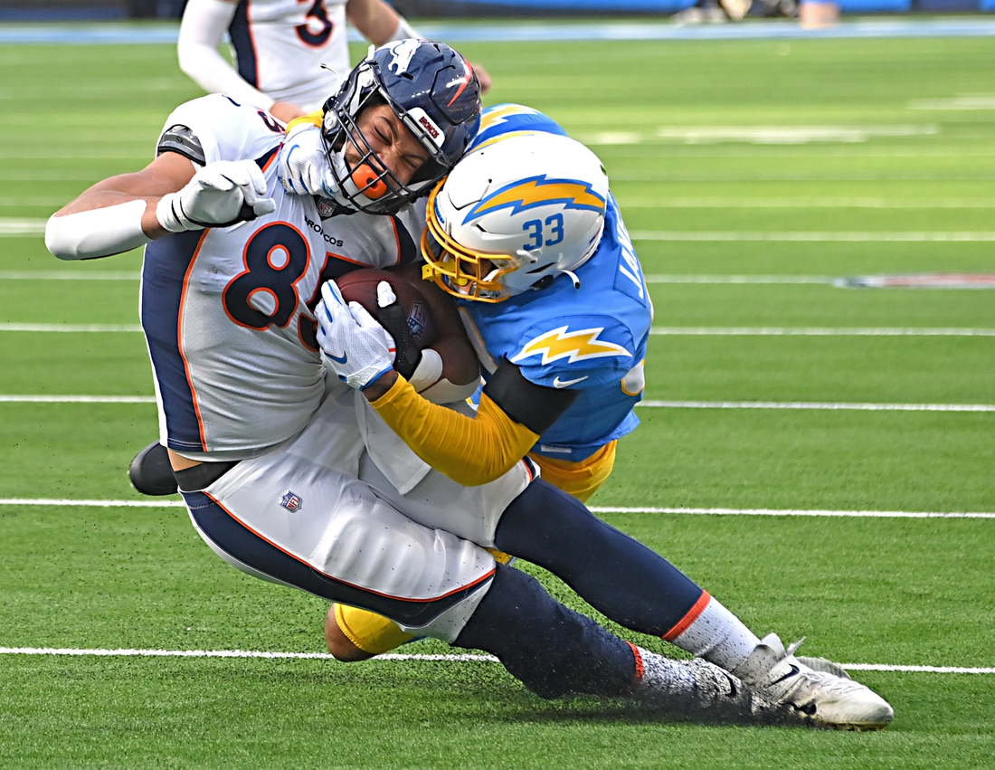 Jan 2, 2022; Inglewood, California, USA;  Denver Broncos tight end Andrew Beck (83) is taken down at the 3-yard line by Los Angeles Chargers free safety Derwin James (33) in the first half the game at SoFi Stadium. Mandatory Credit: Jayne Kamin-Oncea-USA TODAY Sports