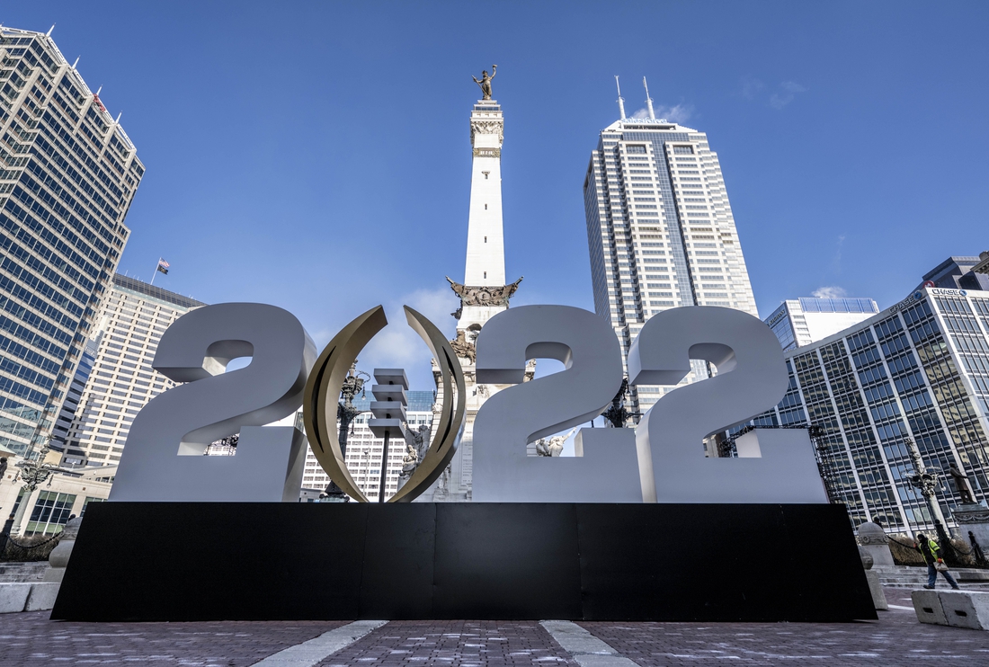 Jan 7, 2022; Indianapolis, Indiana, USA;  A large 2022 College Football Playoff national championship logo is in place on monument circle.  Mandatory Credit: Marc Lebryk-USA TODAY Sports