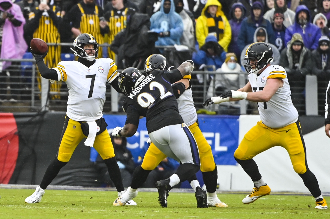 Jan 9, 2022; Baltimore, Maryland, USA; Pittsburgh Steelers quarterback Ben Roethlisberger (7) throws from the pocket  during the second  quarter against the Baltimore Ravens at M&T Bank Stadium. Mandatory Credit: Tommy Gilligan-USA TODAY Sports