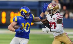 Jan 9, 2022; Inglewood, California, USA; Los Angeles Rams wide receiver Cooper Kupp (10) runs the ball against San Francisco 49ers defensive back Dontae Johnson (27) in the first half at SoFi Stadium. Mandatory Credit: Kirby Lee-USA TODAY Sports