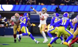 Jan 30, 2022; Inglewood, California, USA; San Francisco 49ers quarterback Jimmy Garoppolo (10) throws a pass against the Los Angeles Rams in the first half during the NFC Championship Game at SoFi Stadium. Mandatory Credit: Gary A. Vasquez-USA TODAY Sports