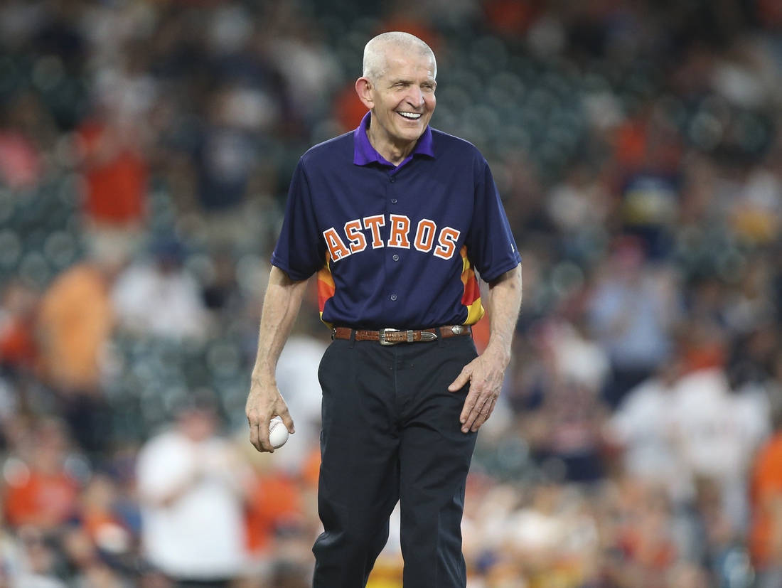 Apr 9, 2019; Houston, TX, USA; Jim McIngvale smiles before throwing a ceremonial first pitch prior to the game between the Houston Astros and the New York Yankees at Minute Maid Park. Mandatory Credit: Troy Taormina-USA TODAY Sports
