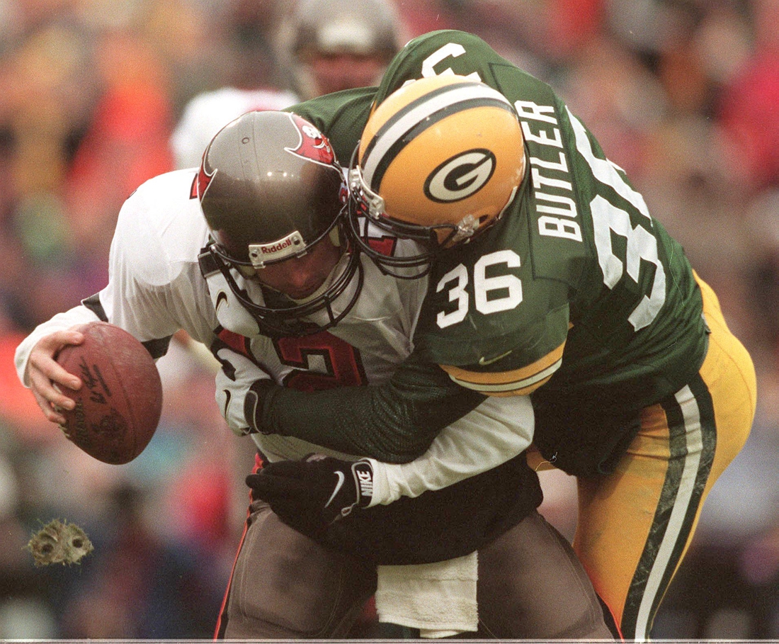 Green Bay Packers safety LeRoy Butler sacks Tampa Bay quarterback Trent Dilfer during the second quarter of their game Sunday, Jan. 4, 1998 at Lambeau Field in Green Bay.

Leroy Butler Sacks Trent Dilfer