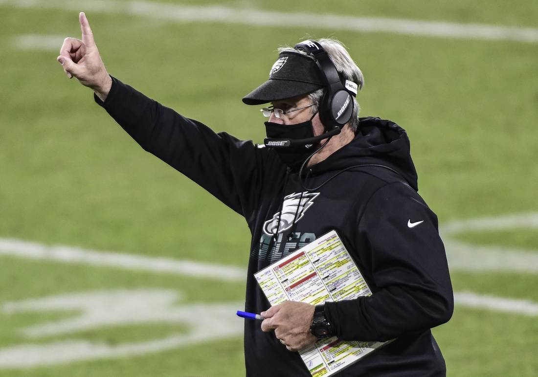 Dec 6, 2020; Green Bay, Wisconsin, USA; Philadelphia Eagles head coach Doug Pederson gestures in the fourth quarter against the Green Bay Packers at Lambeau Field. Mandatory Credit: Benny Sieu-USA TODAY Sports